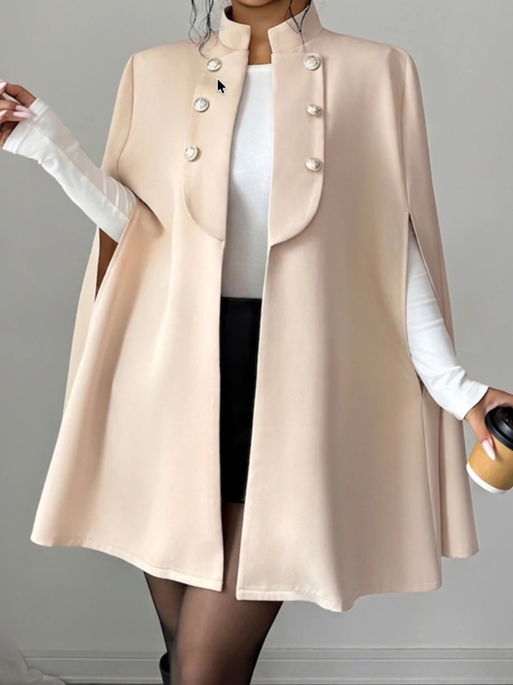 Classic Solid Open Front Button Detail Cape Style Blazer Coar Jacket - Picture 6 of 7